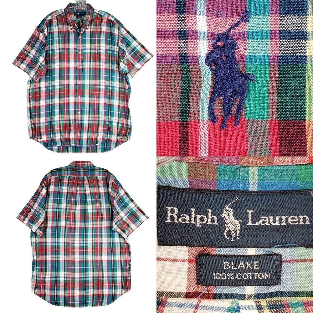 Polo Ralph Lauren Mens Shirt Plaid Blake Button Up SS Green Red Large L